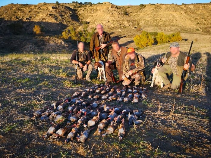 Chasseurs, fusils et chiens d'arrêt devant un tableau de perdrix rouges, Aragon